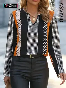 Women's Casual V-neck Regular Shoulder Shirt with Geometric Print and Color-blocking Design