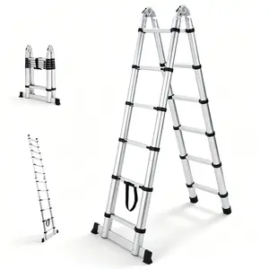 Aluminum A-Frame Extension Ladder,12.5FT Telescoping Collapsible Ladder, Non-Slip Feet, 330lbs Load Capacity, Heavy Duty Tool for Home, RV, Roof, Truck and Outdoor Work