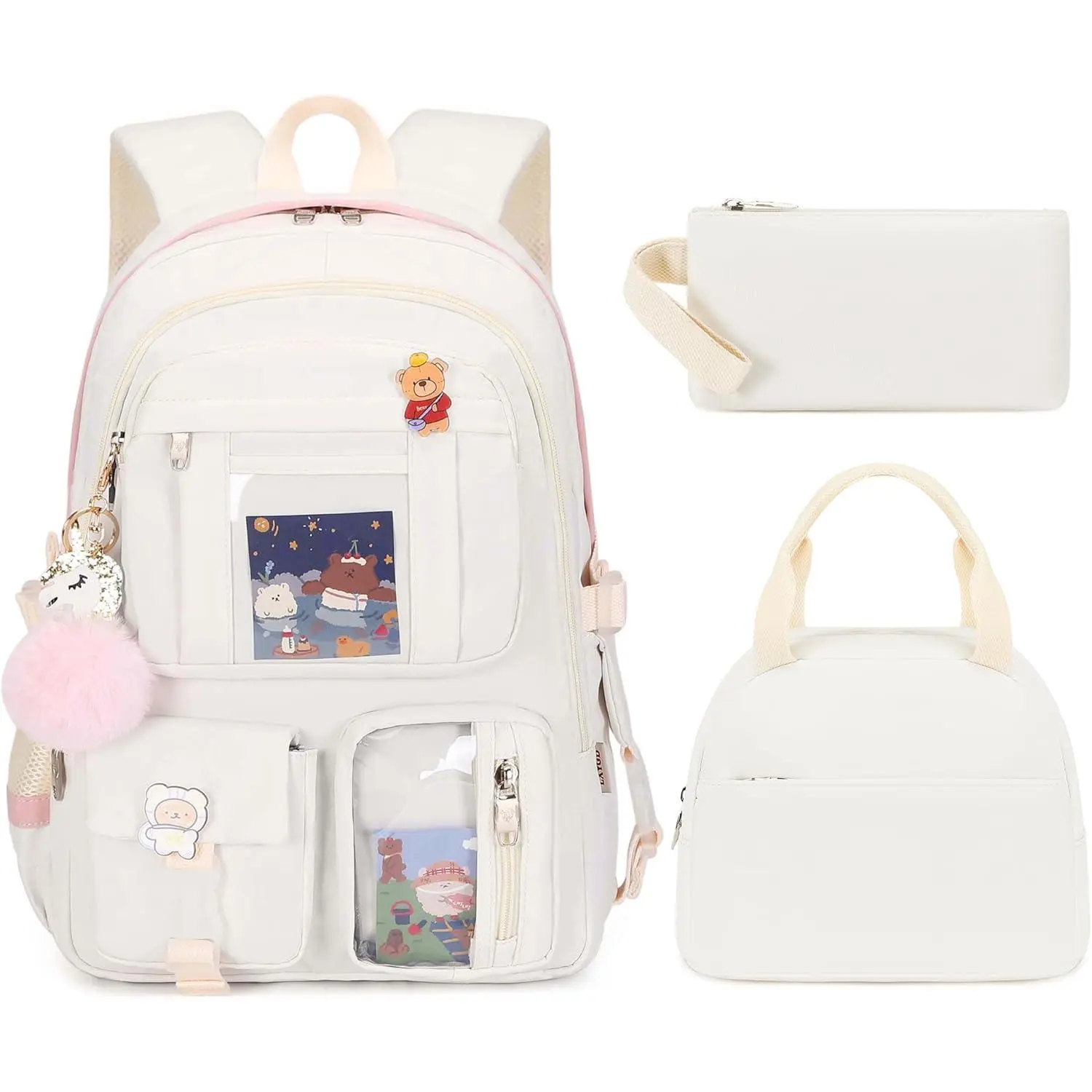 Women's Chic Casual Nylon Fabric 3-Piece Laptop Backpack Set - 12.2"x5.9"x17.8" Large Daypack, 16-Inch Padded Sleeve, 16.1-Inch Tablet Fit, Synthetic Zip Lunch Box, Pencil Pouch, Multiple Pockets, Built-In Organizer for Teens/Girls (Work, Shopping Use)