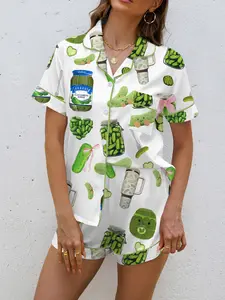 This 2-piece women's pajama set features a kimchi and cucumber print, a short-sleeved collared button-down soft top, and loose-fitting stretch shorts. It's a stylish everyday outfit, Loungewear, perfect for holidays, parties, or casual outdoor wear