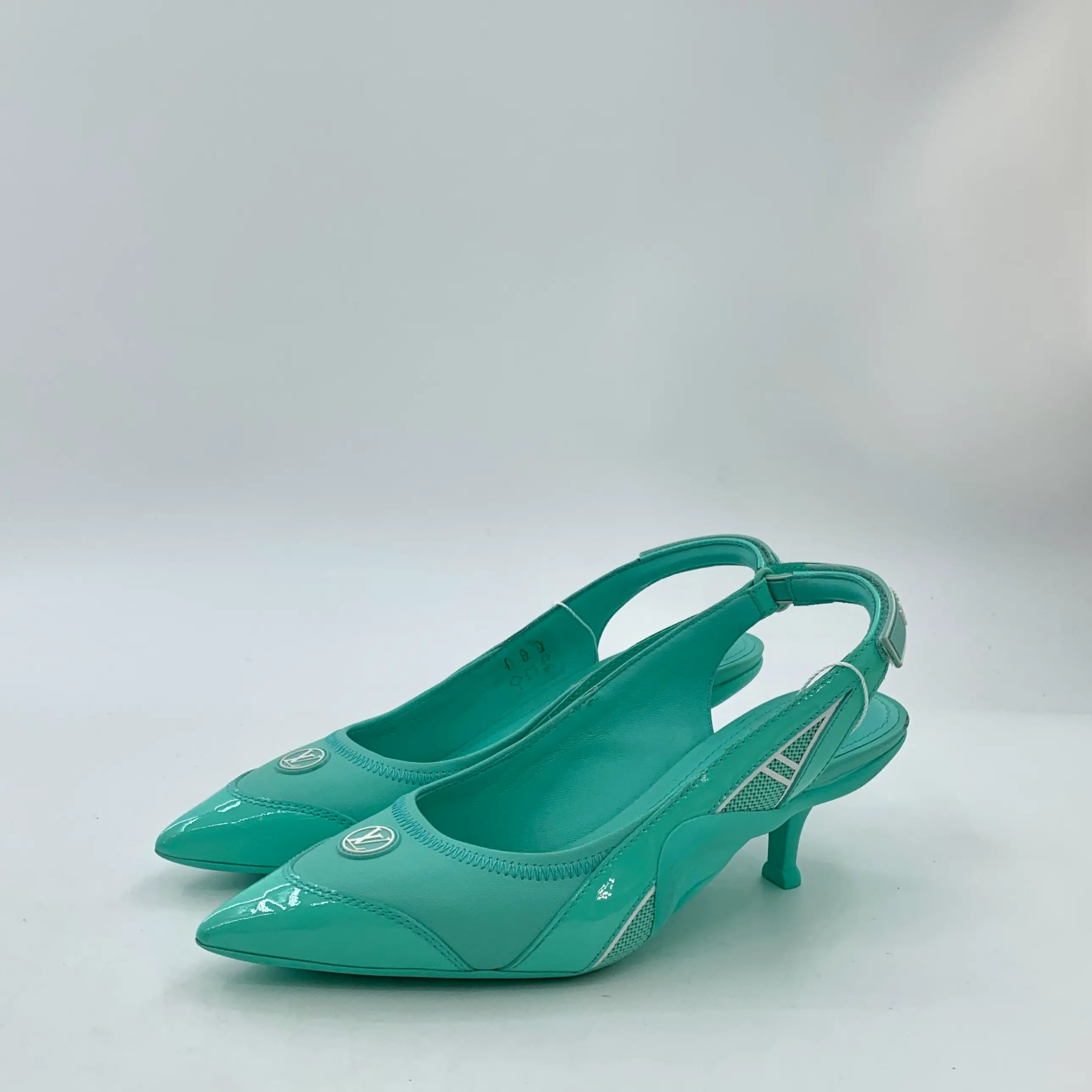 RDLT-Louis Vuitton Size 37 Archlight Lake Green Logo Pointed Toe Leather Mix Strap Stiletto Heels-J34015