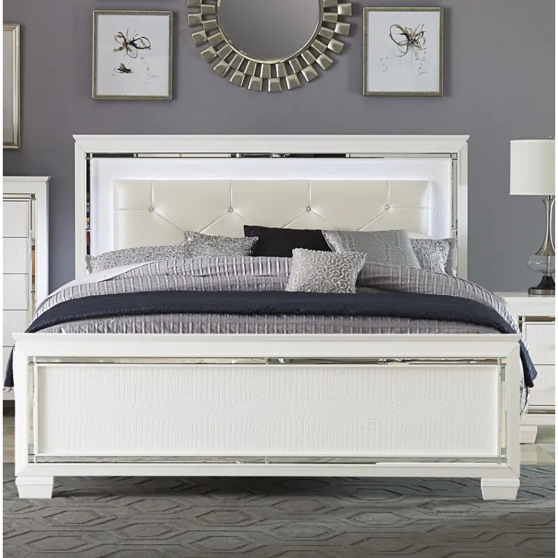 Bellemave 1pc Queen Bed Frame - Glamorous White Indoor Bedroom Furniture with Faux Alligator Embossed Textured Panels and Button-Tufted LED Headboard