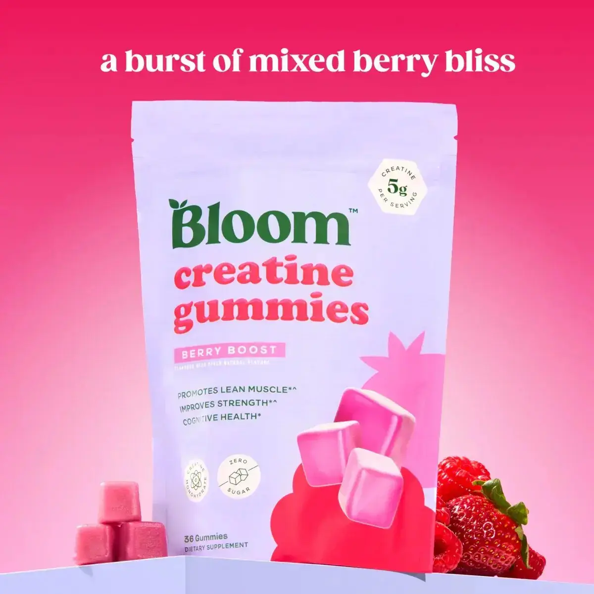 Bloom Brand Creatine Gummies for ActiveWomen, Delicious Chewable Berry CreatineSupplement, Pocket-Sized Gym Essential,Convenient Muscle Strength SupportWithout Chalky Powder Mixing