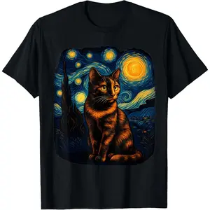 Tortoiseshell Tortie Starry Night Kitty Cat Art T-Shirt