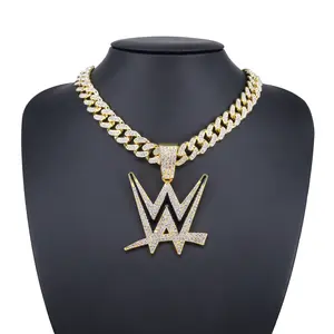 Fashion Enameled Letter W Pendant Necklace Set - Cuban Chain + Tennis Link Design, Unisex Layered Hip Hop Jewelry for Daily & Party