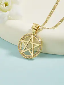 Luxury Vintage Round Pentagon Star Pendant Necklace, Copper Plated 14k Jewelry, Elegant Gift for All Seasons
