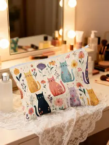 1pc, Floral Feline Gathering Printed Corduroy Cosmetic Bag & Storage Organizer, Playful Toiletry Pouch, Ideal Makeup Bag for Theme Park Visits and Carnival Outings