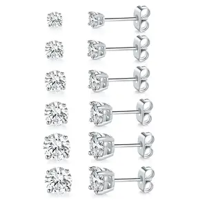 Elegant Gold Plated Cubic Zirconia Earrings With Free Jewelry Box Pack 6 Pairs for Men & Women Round & Princess Cut Unisex Fashion Jewelry Gift 4mm 6mm 8mm Sizes with Free Jewelry Box Moissanite Stud Hip Hop Zircon Clip
