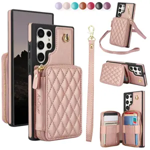 Zipper Wallet Phone Case with Card Slots & Lanyard, 1 Count PU Leather Phone Case with Kickstand, Phone Case for Samsung Galaxy S24 S23 S22 Ultra