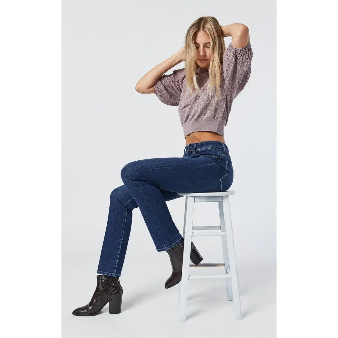 Kendra Women's Elegant High Rise Straight Leg Jeans - Slim Fit Stretch Denim Bottom in Deep Indigo Wash, Hip, Comfortable, Pants