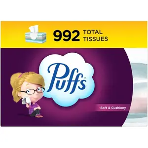 Puffs Ultra Soft Non-Lotion Facial Tissue 8 Family Boxes 124 Tissues Each Soft Cushiony for Sensitive Skin 992 Total Tissues Dermatologist Tested Gentle on Skin - Pack