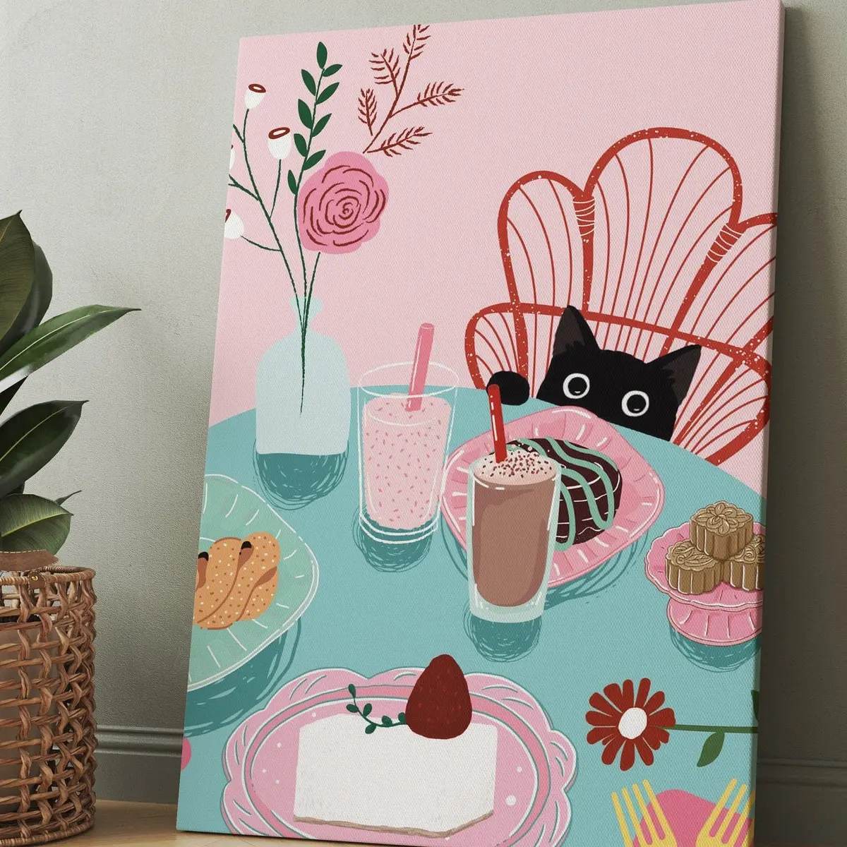 Room Decor, Dessert Print Donut Cake Bakery Poster Black Cat Kitchen Printable Funny Cat Cupcake Wall Decor Cat Art Cat Print Kitchen Wall Decor Cat