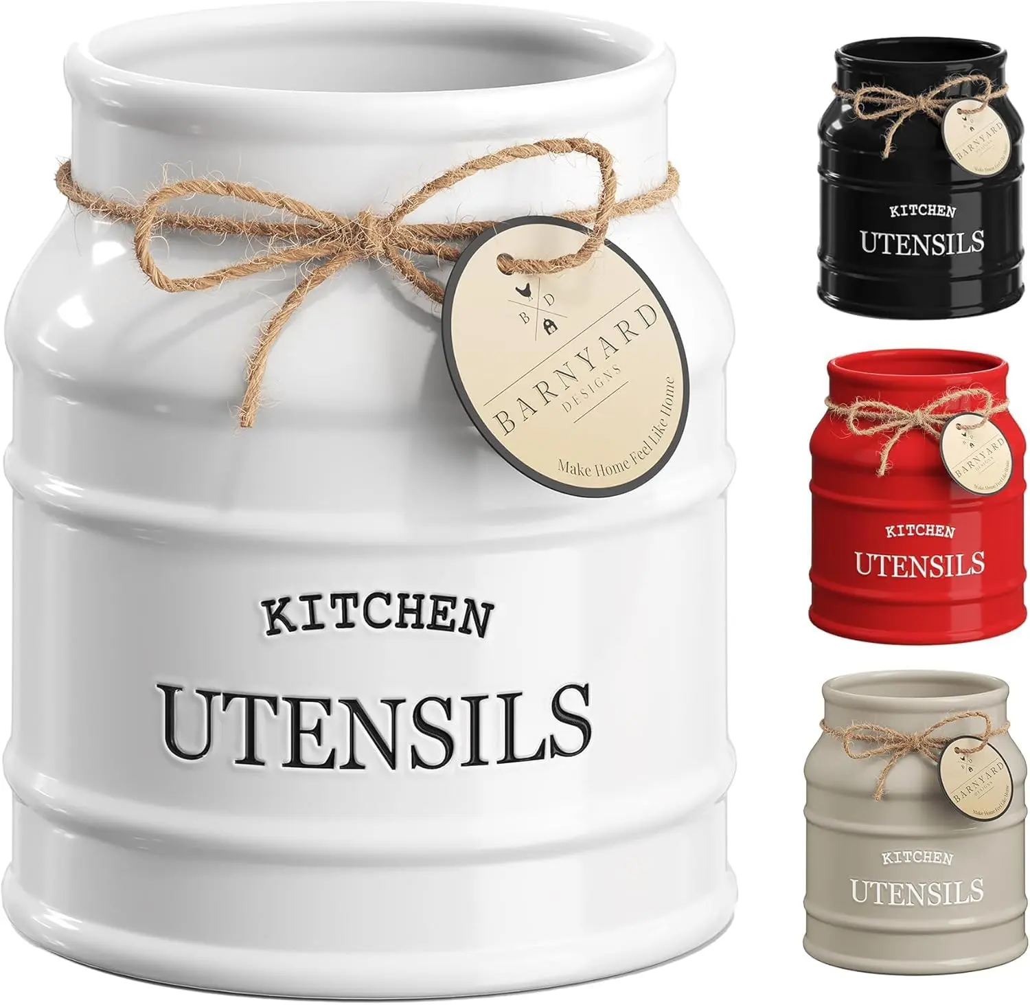 Barnyard Designs Ceramic Farmhouse Utensil Holder for Kitchen Counter, Large Rustic Utensil Crock, Countertop Cooking Tool Spatula Organizer, 6.75" (White)