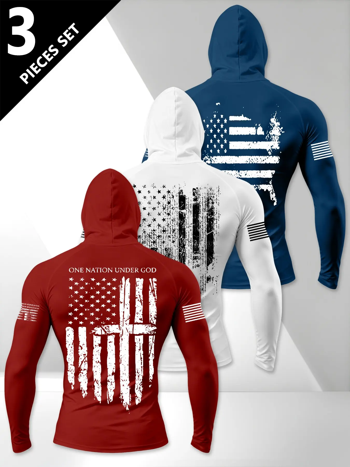 Men's Sporty H-Type Long Sleeve Fitted T-Shirt Set, Usa Flag 1776 Print, Breathable Stretch Fitness Training Wear, All Seasons, Sports Breathable Outfits