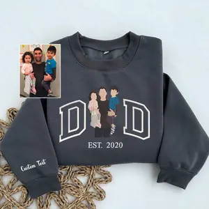 Dad Portrait Embroidered Sweatshirt With Child Name On Sleeve, Custom Father's Day Portrait, New Dad Gift, Gift for Him, Custom Portrait Crewneck