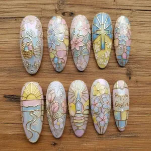 Stained Glass Easter Press On Nails, Pastel Floral Bunny Design, Luxury Spring Manicure, Almond Nail Art Set, Handmade Glue On Tips