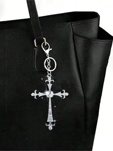Crystal Embedded Vintage Cross Keychain, Silver Color Religious Cross Bag Charm with Lobster Clasp, Perfect Gift for Easter and Mother's Day