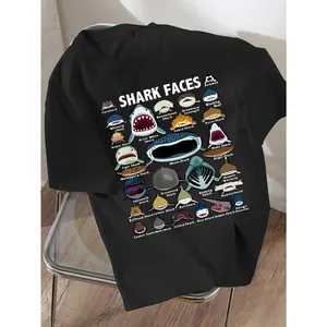 Boys' New Spring/Summer Loose-Fit Casual Fashionable Versatile Streetwear Cool Fun Ocean Animal Whale and Shark Print, Simple Summer Vibe, Quirky Graffiti, Anime Cartoon Letter Pattern Print, Comfortable Short-Sleeve T-Shirt for Daily Wear