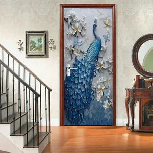 Peacock Pattern Door Sticker, 2 Sheets/set Removable Waterproof Wallpaper, Self-adhesive Wallpaper, Decorative Sticker for Living Room Bedroom