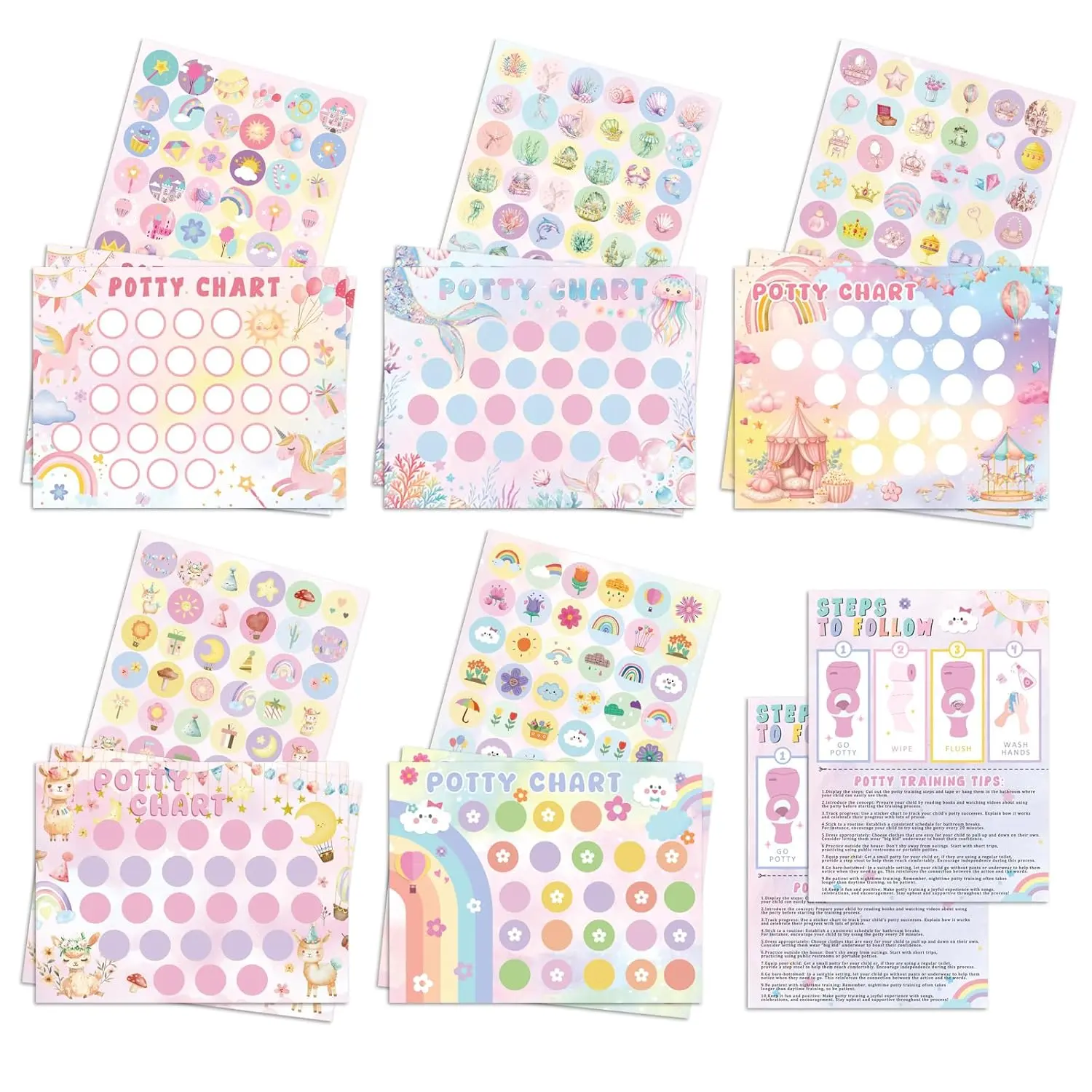Potty  Chart for Girls, 17 count Potty  Sticker Chart Set, 5 Fantasy Themes Potty Chart Including Unicorn, , Princess, etc.