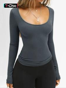 women's casual slim-fit long sleeve top, plain pattern, fall season wear, thin fabric, square neckline design