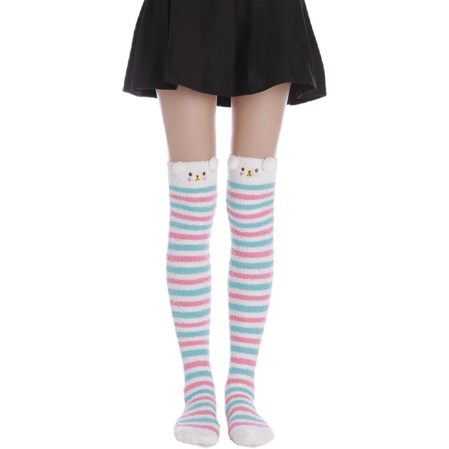 Thigh High Fuzzy Socks Cute Animal Coral Fleece Over the Knee Thigh High Long Stockings Warm Stripe