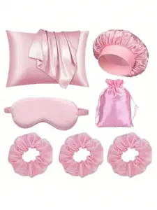 Women's Sleep Set Includes Soft Smooth Satin Pillowcases, Bath Cap, Eye Mask, Decorative Storage Bag, Large Hair Tie, Perfect for Night Use