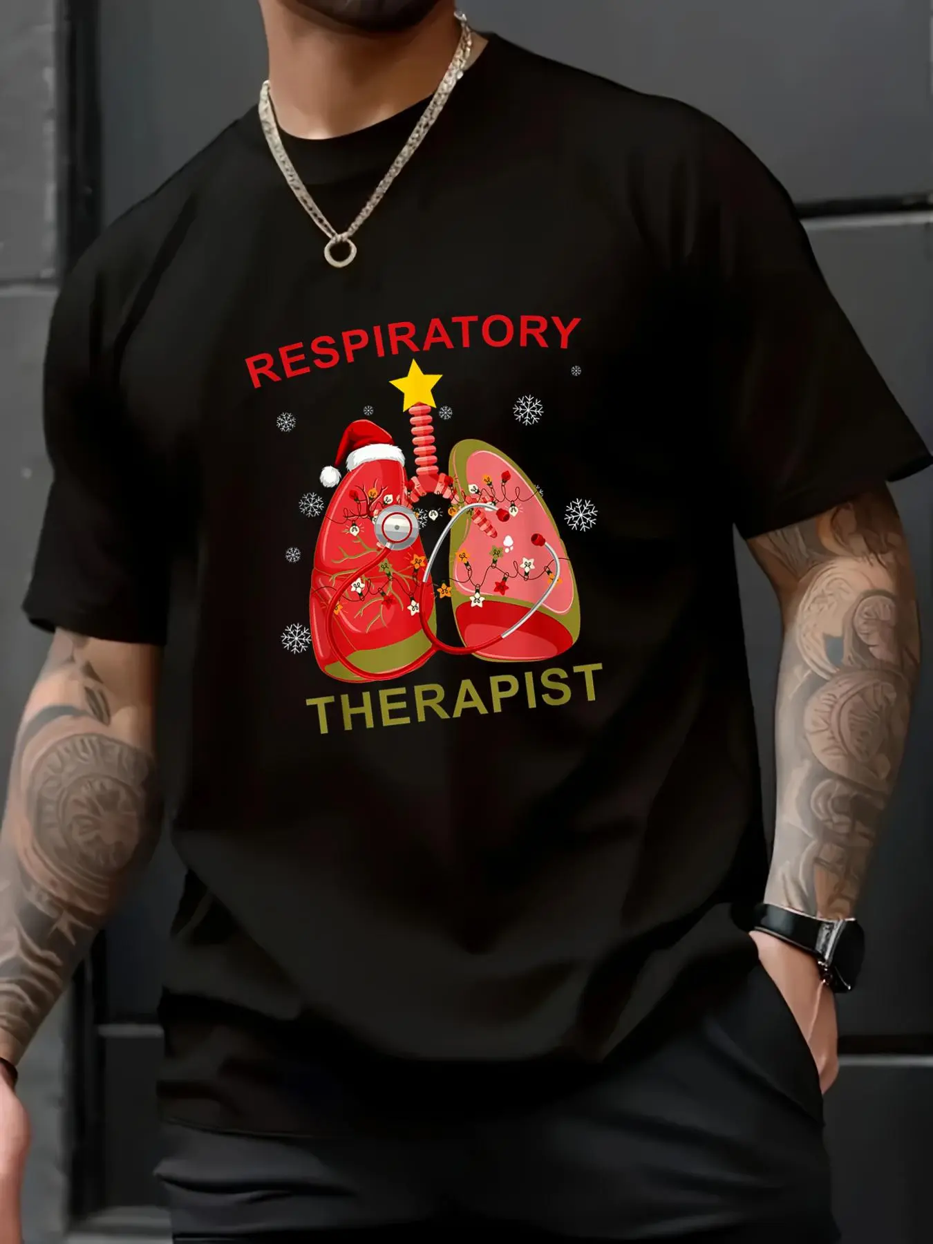 Men's 100% Cotton Short-Sleeve Graphic T-Shirt - Unisex Respiratory Therapist Lung Doctor Themed, Spring/Autumn Christmas Snowflake Printed, Round Neck, Chic, Casual, Streetwear, Cold Wash, Machine Washable Tee, Unisex Cut, All Seasons
