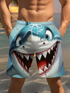 Men's 3D Shark Print Quick-Dry Beach Shorts - Lightweight, Drawstring Waist Swim Trunks for Golf, Fishing, Summer Casual Sports & Outdoor Activities