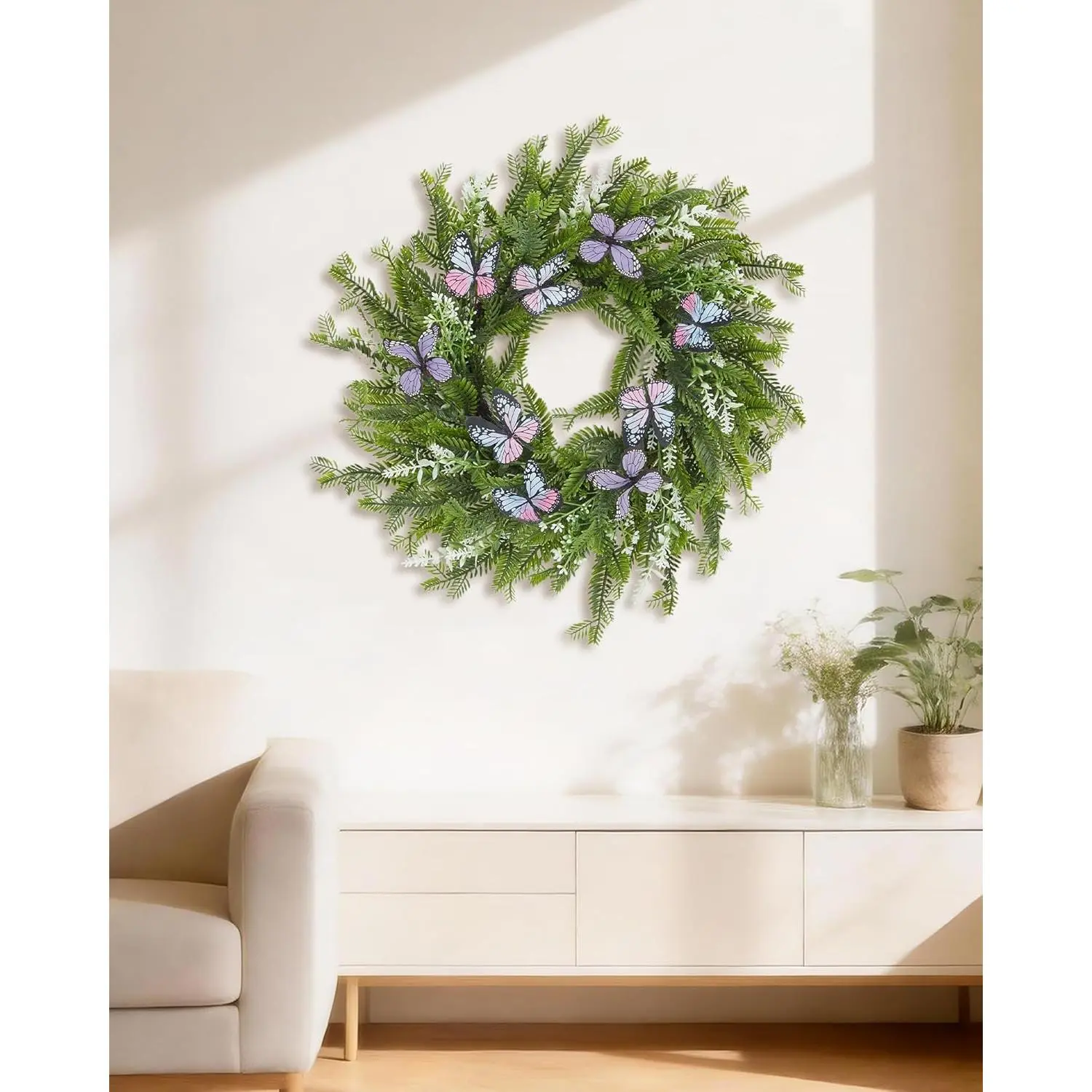 20-Inch Lightweight Artificial Greenery Wreath with Fern Leaves, Butterflies & Eucalyptus - Farmhouse Front Door Decor, Backdrop for Room, Gift for Spring Summer Indoor Outdoor Wall Window Use