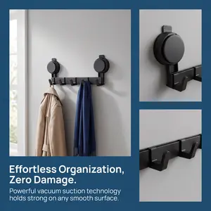 No Drill Damage Free 5 Hook Suction Cup Wall Rack - Renter Friendly Heavy Duty Removable Wall Hanger for Entryway, Bathroom, Kitchen