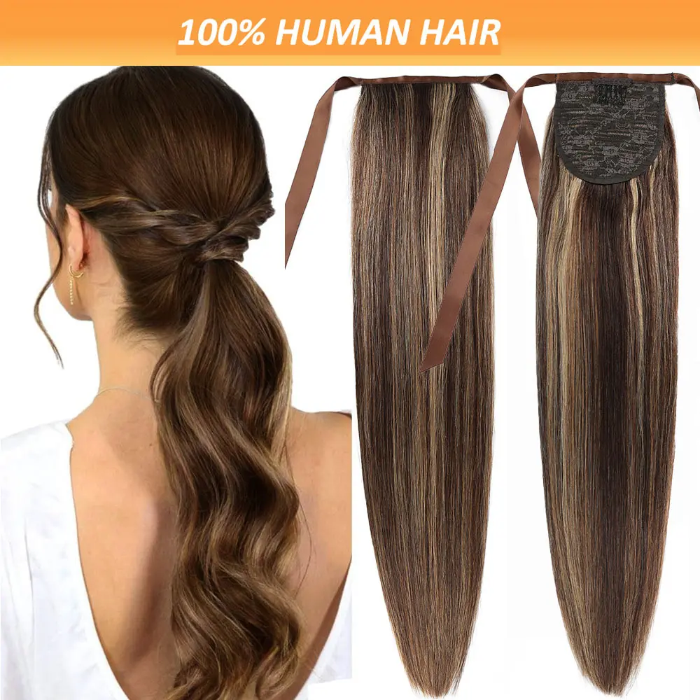 Ponytail Hair Extension, Straight Human Hair with Ribbon Tie for Women, #4P27 Chocolate to Chestnut Brown Gradient, Female Wear, Real Human Hair
