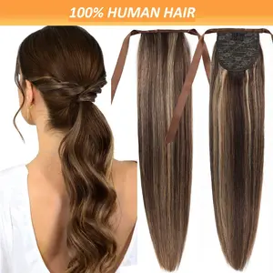2025 Fashion Wholesale Human Hair Straight Ponytail Extension with Ribbon Tie, Chocolate to Chestnut Brown Gradient for Women, # 4P27 Shade, Versatile Style for All Ethnicities