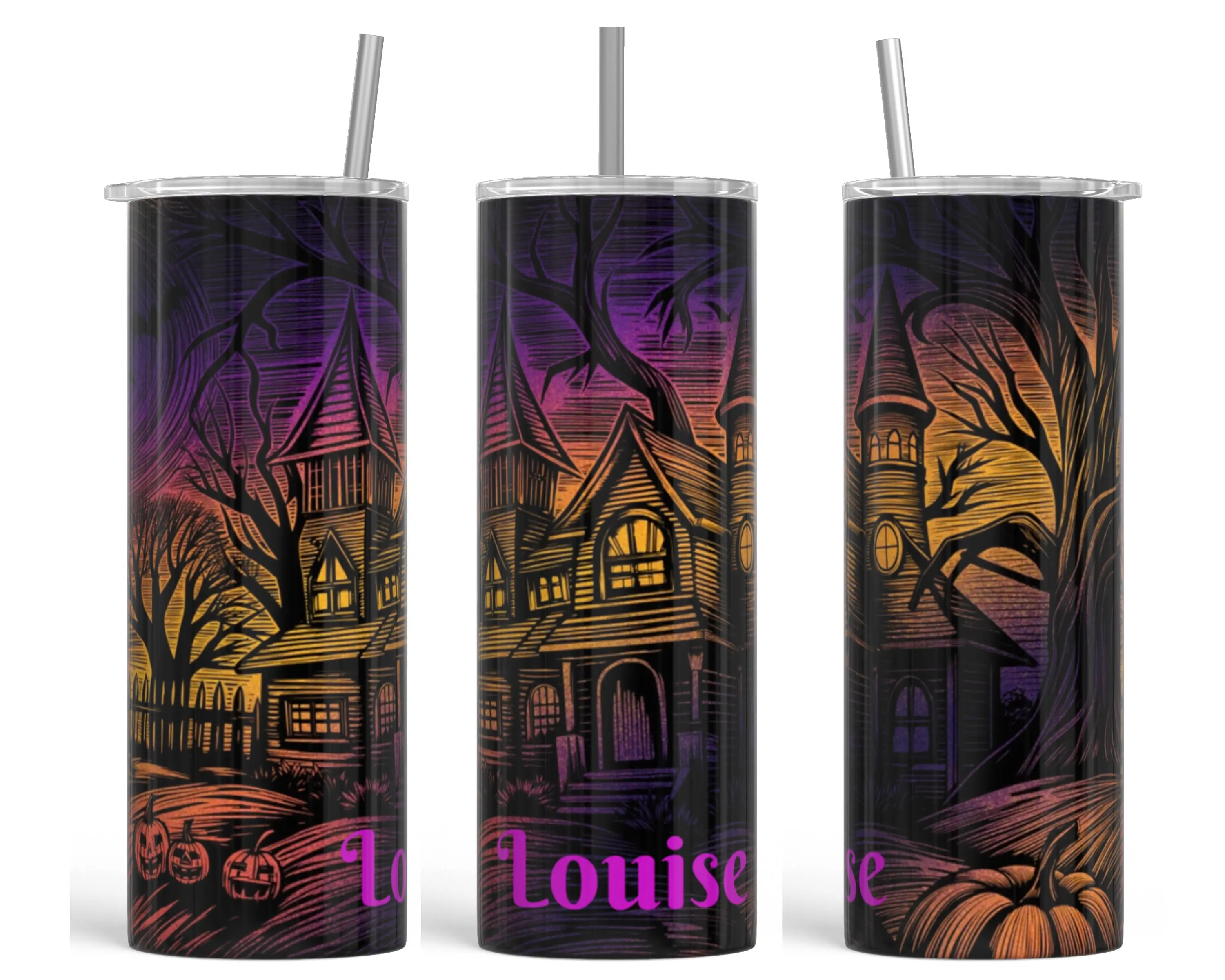 Haunted House Personalized Tumbler - Stylish Halloween Drinkware with Customizable Background & Name - Portable Reusable Water Bottle for Fall Favorites - Limited Edition Halloween Vibes Custom Drinkware