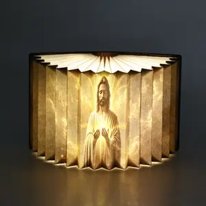 Jesus Wooden Book Light, 3 Color Novelty Lighting Folding Book Lamp, LED Paper Lantern for Desk, Room, Library Decor