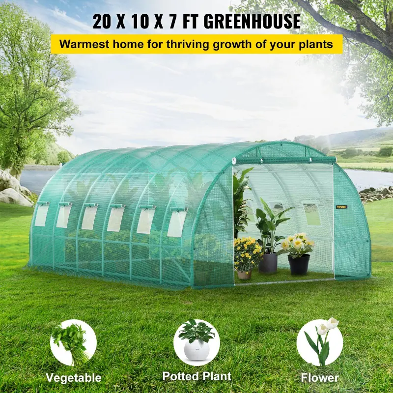 VEVOR 20x10x7ft Walk-in Tunnel Greenhouse, Large Space Portable Plant Hot House for Plant Growth w/ Bite-Proof Galvanized Steel Hoops, 3 Top Beams, Diagonal Poles, 2 Zippered Doors, 12 Roll-up Windows, Effortless Installation, Green