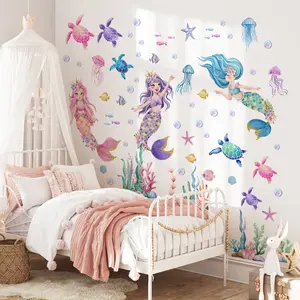 A set (30*90cm*2pcs) colorful dreamy mermaid & marine creature wall stickers for nursery, living room, entrance hallway, kids' room, home decoration and beautification stickers
