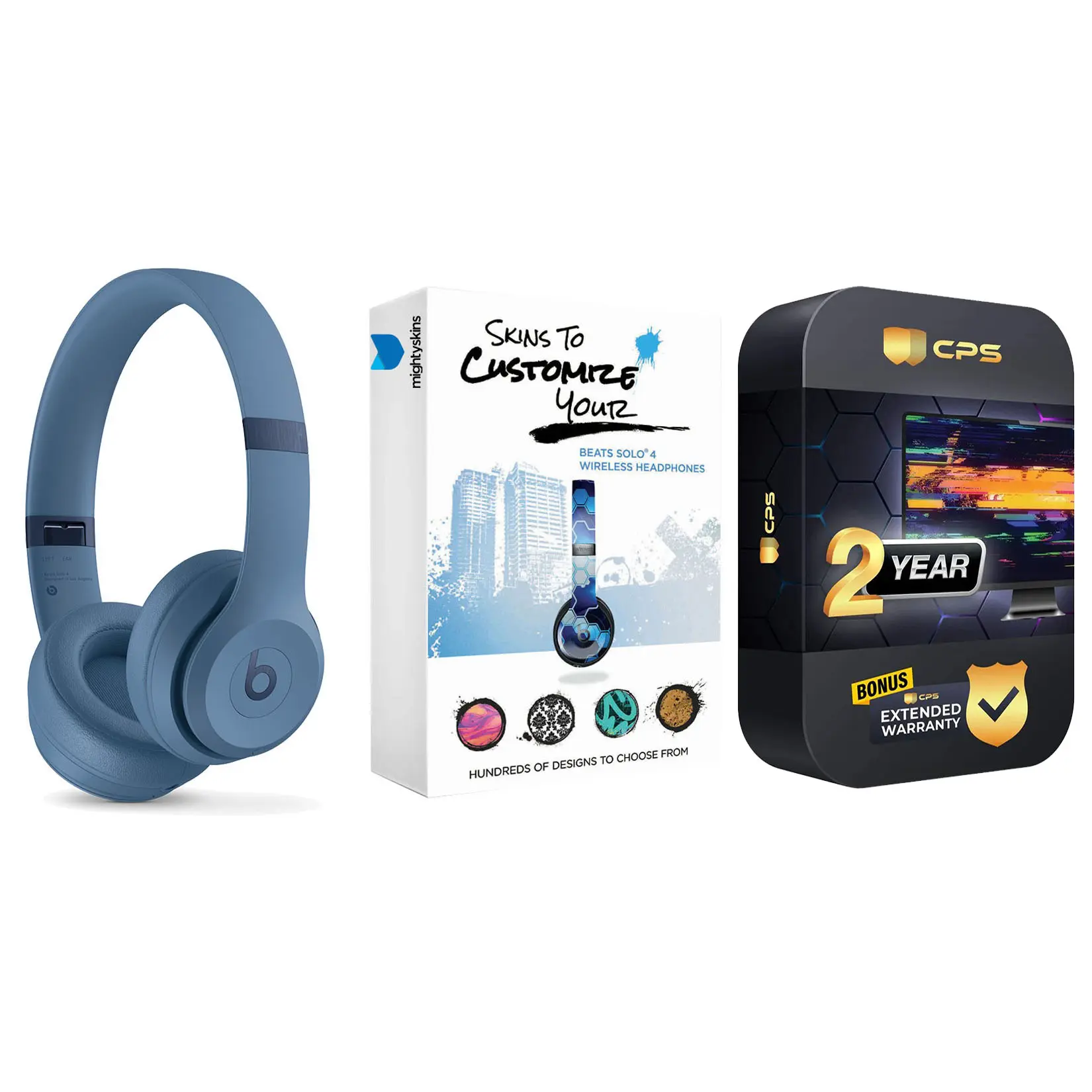 Beats Solo 4 Bluetooth Wireless On-Ear Headphones with MightySkins Protective Skins and 2 Year Extended Warranty Bundle - Slate Blue