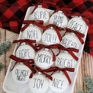 Christmas Ornaments - Set of 12 Shatterproof White Bulbs Adorned with Buffalo Plaid Bows - Rustic Farmhouse Christmas Tree Decorations for XTree Decor