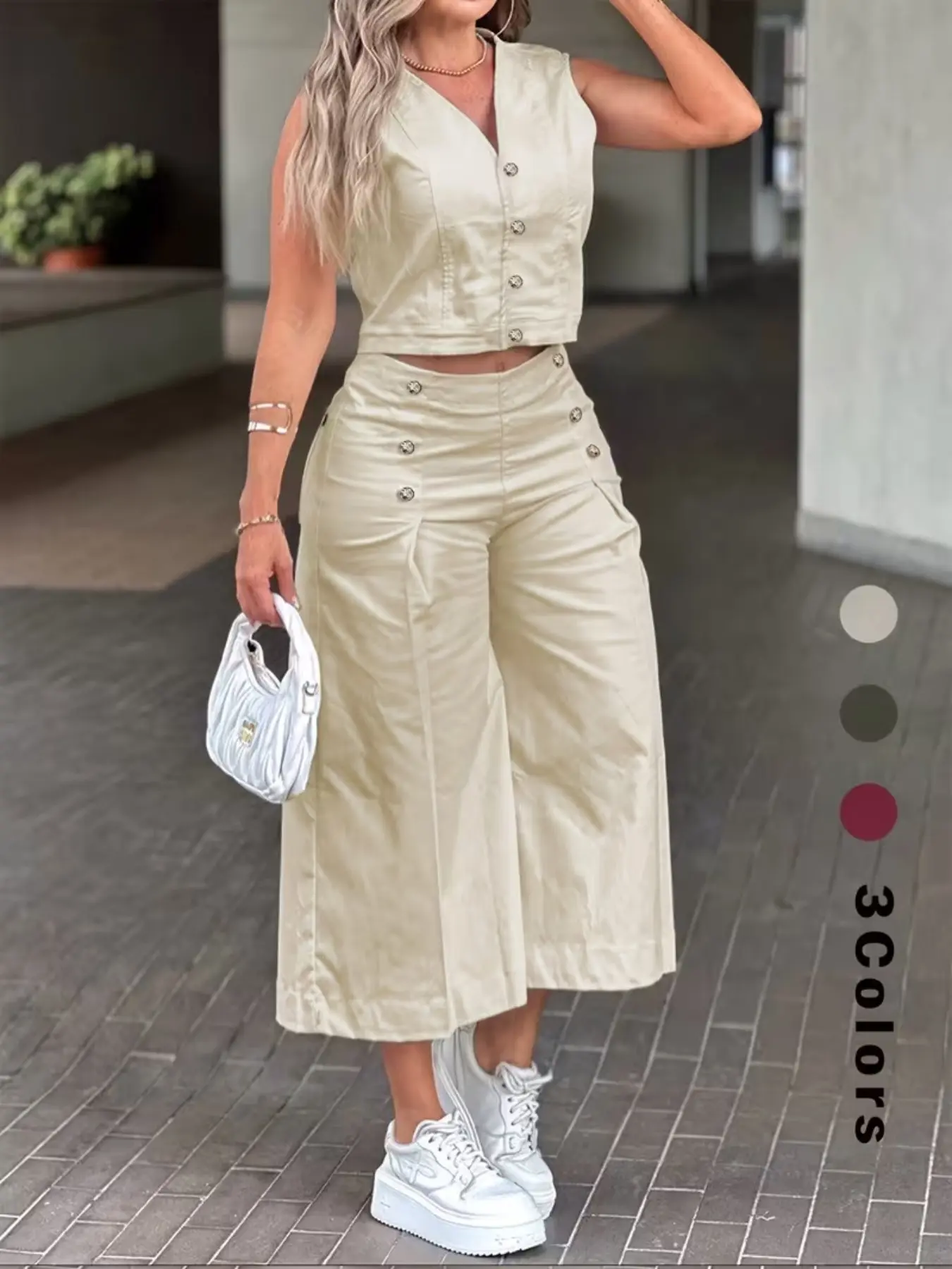 Women's Button Front Sleeveless Top and High-Waisted Wide Leg Pants Set, Casual Fashion Style Two-Piece Summer, Outdoor Wear 10432