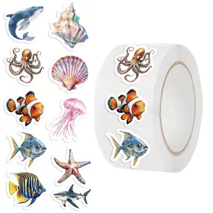 Ocean Animal Pattern Sticker (500pcs/roll), Cute Roll Sticker, Cartoon Fish Sticker, Sea Creature Labels for Teacher Reward School Supplies