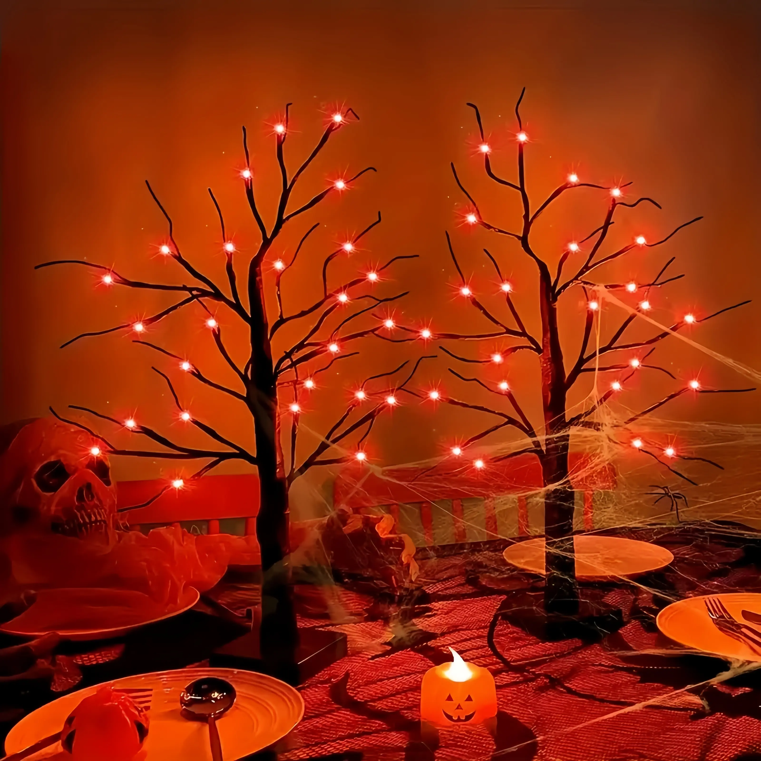 2-Piece Set, Halloween Tree Lights, 24-inch, Orange and Purple Glow, 24 LEDs, USB + Battery Powered, Halloween Decor, Suitable for Indoor Home Haunted Rooms, Fireplaces, Entryways, TV Console Decor