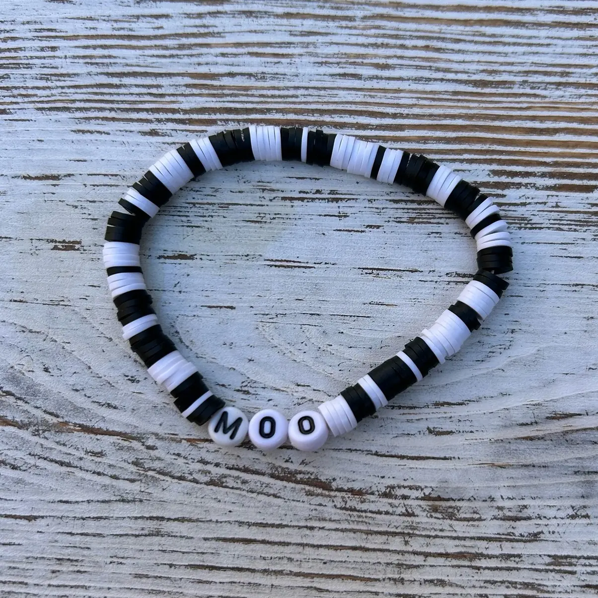 Handmade “MOO” Cow Themed Bracelets - Heishi Beads, Customizable Stretchy Bracelet
