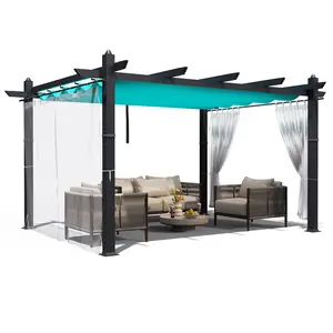 10x13FT Wood Grain Aluminum Pergola, Retractable Canopy with Side Screen UV Resistant Outdoor Shelter Patio Gazebo for Deck, Garden, Backyard or Porch