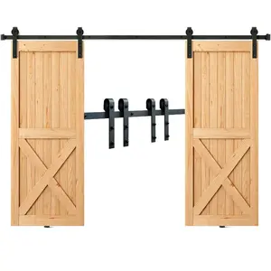 VEVOR 8FT Sliding Barn Door Hardware Kit, 330LBS Heavy Duty Barn Door Track Kit for Double Doors, Fit 3.7-4.3FT Total Wide and 1.3-1.8 Thick 2 Door Panel, with Smooth Silent Pulley (J Shape)