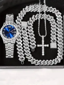 ‌4-Piece Men's Crystal Watch & Cross Pendant Set - Meaningful Father's Day Gift for Dad‌