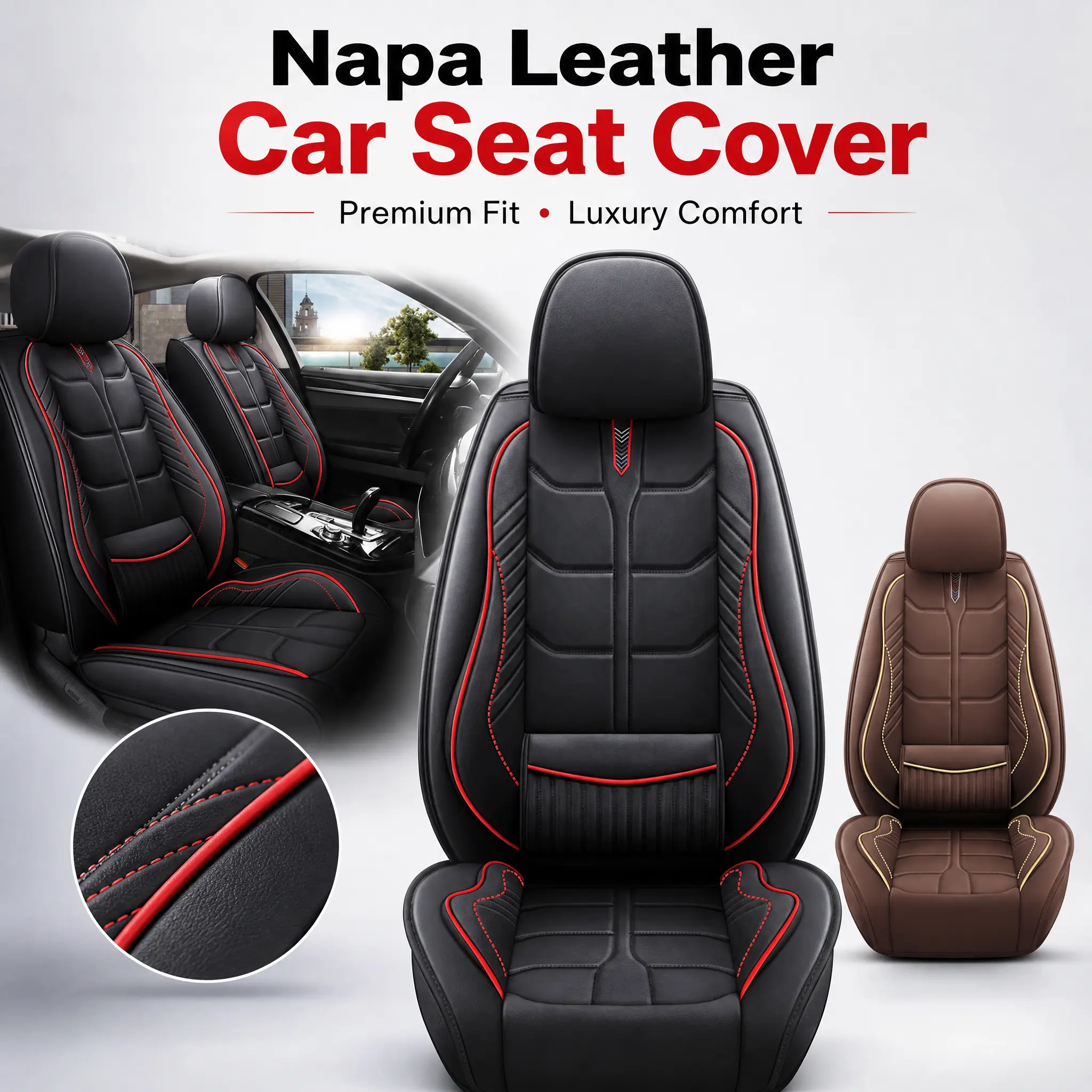 Premium Nappa Leather Universal Car Seat Cover Set, Full Surround Seat Cushions for Sedan SUV Truck seat covers car cushion cover SUV seat cushion truck seat cover sedan seat protector nappa seat cover auto interior set waterproof pu