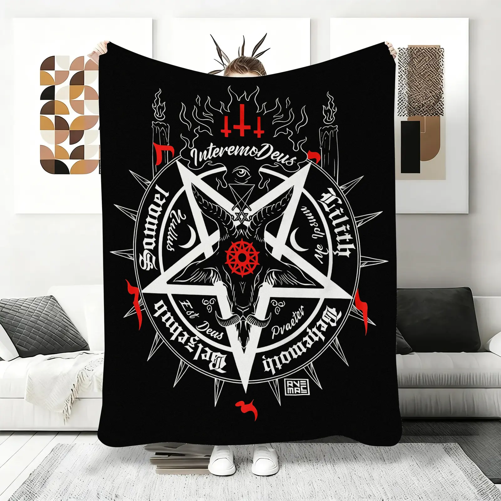 Baphomet Inverted Pentagram Flannel Blankets, Occult Style Fleece Throw, Ritual Aesthetic Home Decor, Soft Plush Blanket for Alt Culture, Black & Red Design,Perfect Novelty Gift for Friends Fans Adults Women Men Vintage Style  ,mellow blanket,  bedding