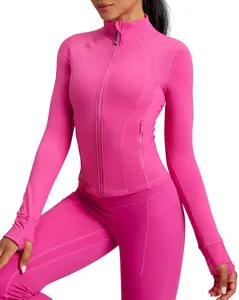 Running Jacket Women Full Zip Up Long Sleeve BBL Workout Tops Jacket Womens Waisted Length With Pockets For Yoga Athletic