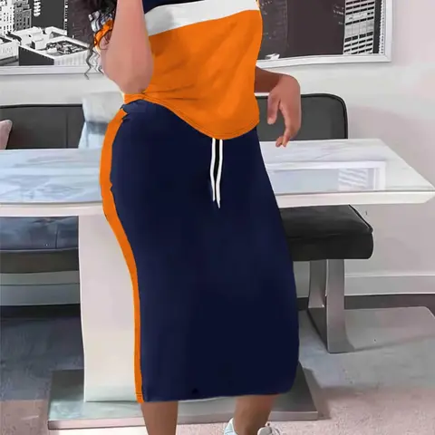 Women's Colorblock Two-Piece Set Casual Short-Sleeve T-Shirt and Skirt Set for Daily Wear, Ladies Summer Clothes, Casual Fashion Set, Skirt Set Outfit